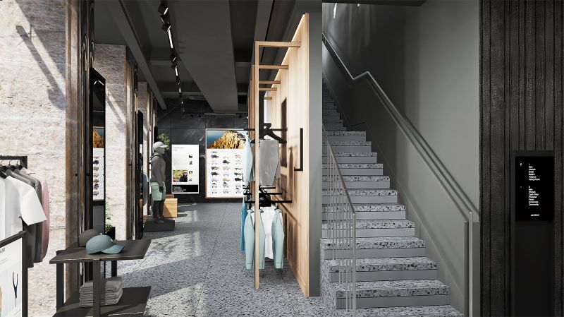 Staircase and retail circulation within an Arc’teryx Nordic store